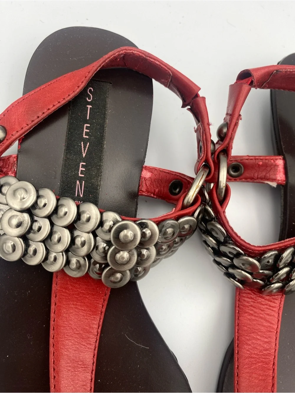 Steve Madden Red Studded T-Strap Sandals for Women